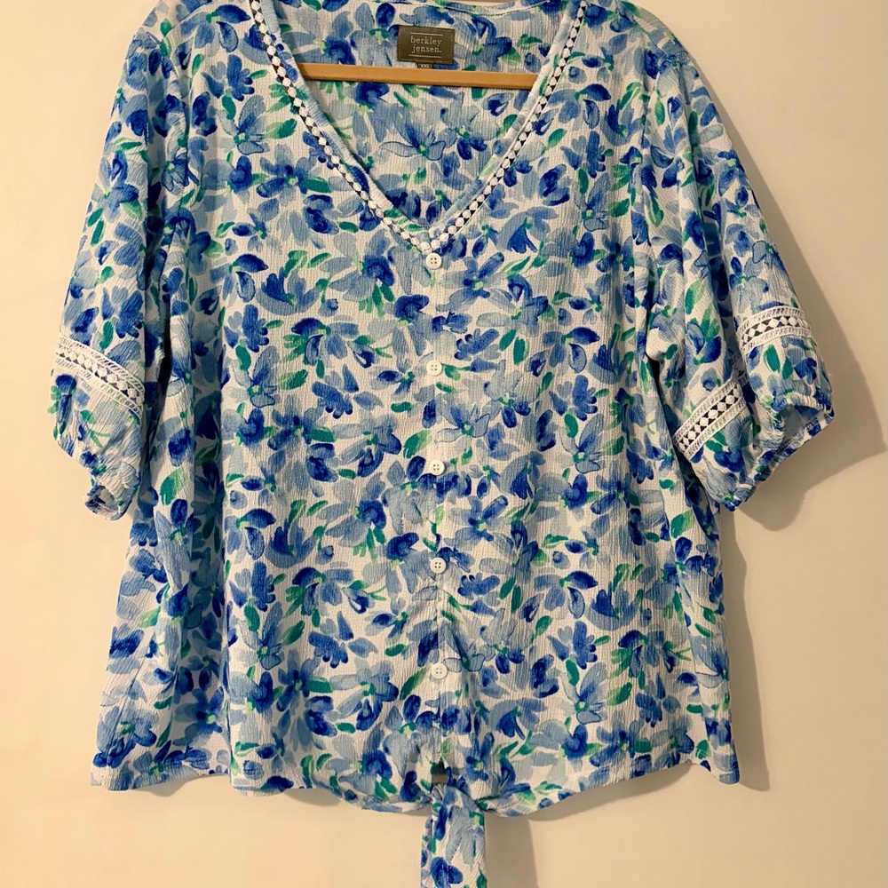 Blue and Green Floral Tie Front Blouse